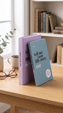 Mom and Dad journals styled on a desk with coffee and reading glasses